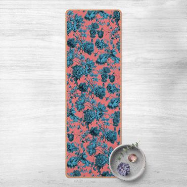 Tapis de yoga - Floral Copper Engraving Blue Coral