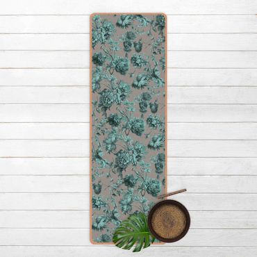 Tapis de yoga - Floral Copper Engraving Turquoise Grey