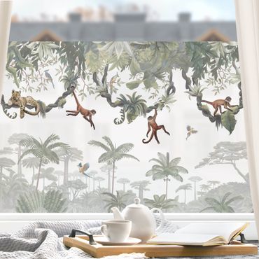 Décoration pour fenêtre - Singes espiègles dans un feuillage tropical