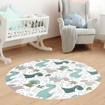Tapis en vinyle rond|Friendly Dinosaur With Palm Trees And Cacti
