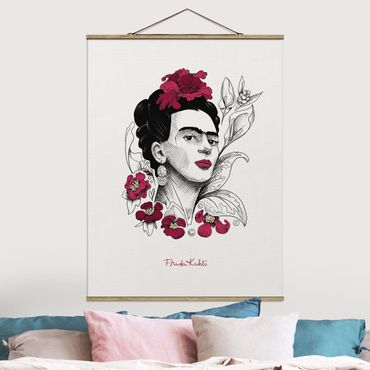 Tableau en tissu avec porte-affiche - Frida Kahlo Portrait With Flowers - Format portrait 3:4
