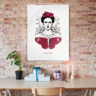 Tableau en verre - Frida Kahlo Portrait With Flowers And Butterflies