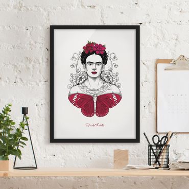 Poster encadré - Frida Kahlo Portrait With Flowers And Butterflies