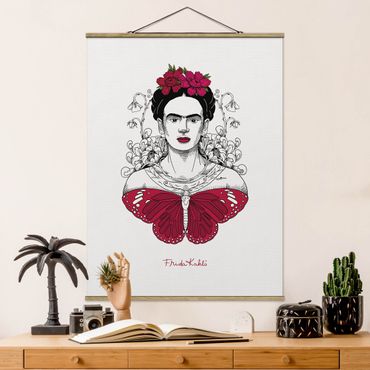 Tableau en tissu avec porte-affiche - Frida Kahlo Portrait With Flowers And Butterflies - Format portrait 3:4