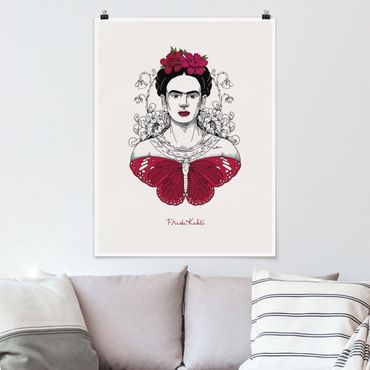 Poster reproduction - Frida Kahlo Portrait With Flowers And Butterflies