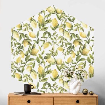 Papier peint hexagonal autocollant avec dessins - Fruity Lemons With Leaves