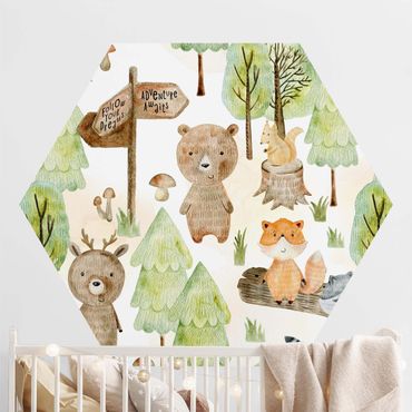 Papier peint hexagonal autocollant avec dessins - Fox And Bear With Trees