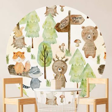 Papier peint rond autocollant enfants - Fox And Bear With Trees