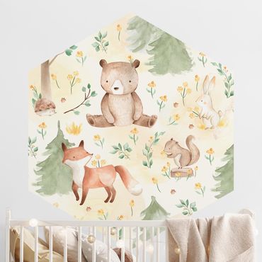 Papier peint hexagonal autocollant avec dessins - Fox and bear with flowers and trees