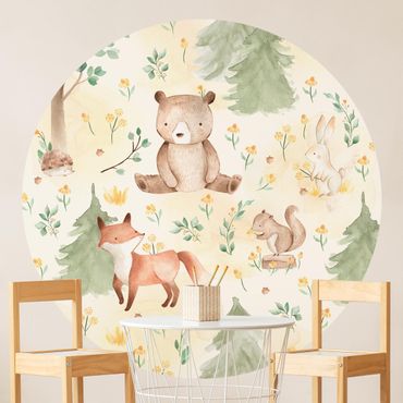 Papier peint rond autocollant - Fox and bear with flowers and trees