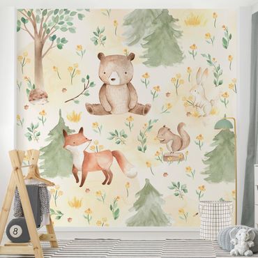 Papier peint - Fox and bear with flowers and trees