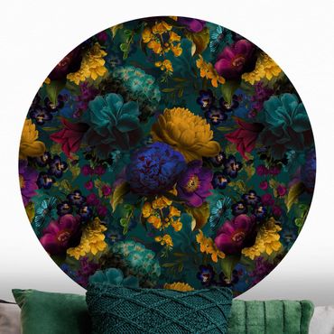 Papier peint rond autocollant - Yellow Blossoms With Blue Flowers In Front Of Turquoise