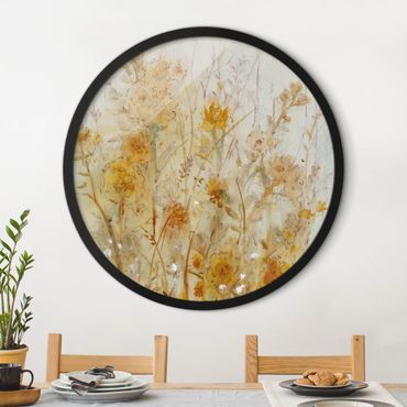 Tableau rond encadré - Yellow Meadow Of Wild Flowers