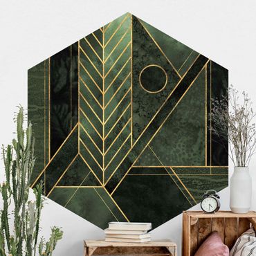 Papier peint hexagonal autocollant avec dessins - Geometric Shapes Emerald Gold