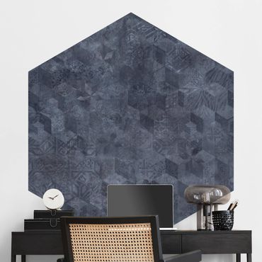 Papier peint hexagonal autocollant avec dessins - Motif géométrique vintage aux ornements bleus