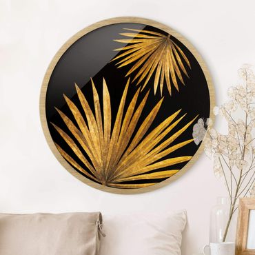 Tableau rond encadré - Gold - Palm Leaf On Black
