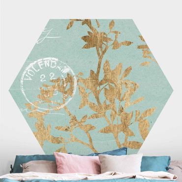 Papier peint hexagonal autocollant avec dessins - Golden Leaves On Turquoise II