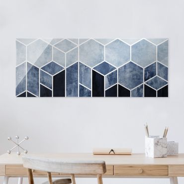 Tableau en verre - Golden Geometry - Hexagons Blue White - Panorama