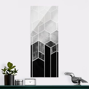 Tableau en verre - Golden Geometry - Hexagons Black White  - Format portrait