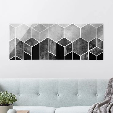 Tableau en verre - Golden Geometry - Hexagons Black White  - Panorama