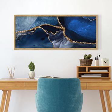 Poster encadré - Golden Glitter Waves Blue backdrop