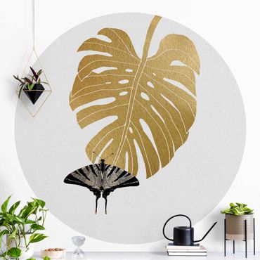 Papier peint rond autocollant - Golden Monstera With Butterfly