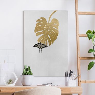 Tableau sur toile - Golden Monstera With Butterfly