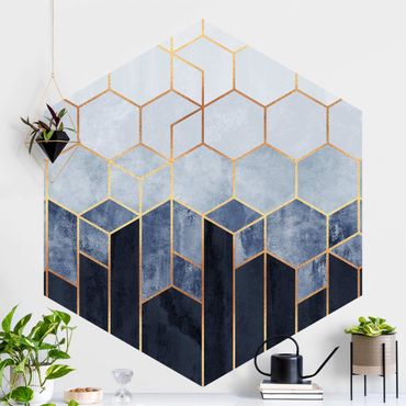 Papier peint hexagonal autocollant avec dessins - Golden Hexagons Blue White