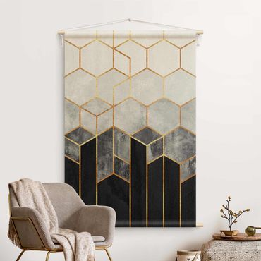 Tenture murale - Golden Hexagons Black And White