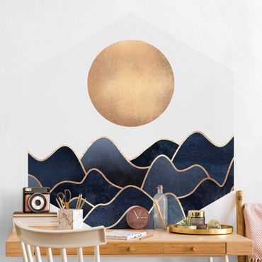 Papier peint hexagonal autocollant avec dessins - Golden Sun Blue Waves