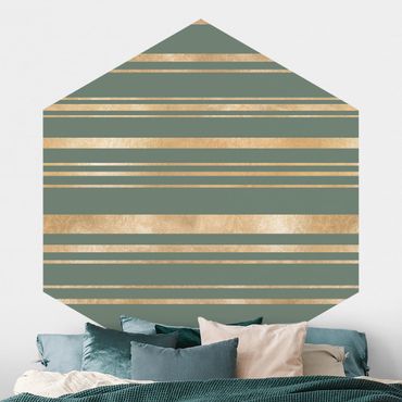 Papier peint hexagonal autocollant avec dessins - Golden Stripes Green Backdrop