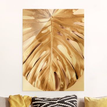 Tableau en verre - Golden Monstera Leaves On Pink - Format portrait