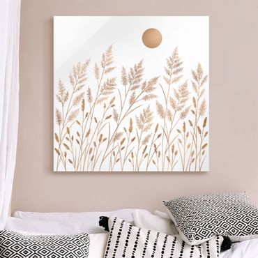 Tableau en verre - Grasses And Moon In Gold - Carré