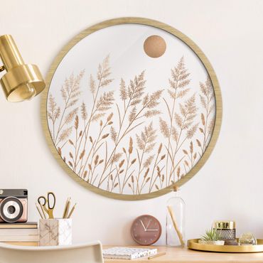 Tableau rond encadré - Grasses And Moon In Gold