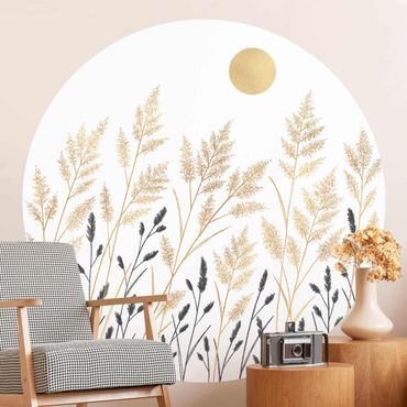 Papier peint rond autocollant - Grasses And Moon In Gold And Black