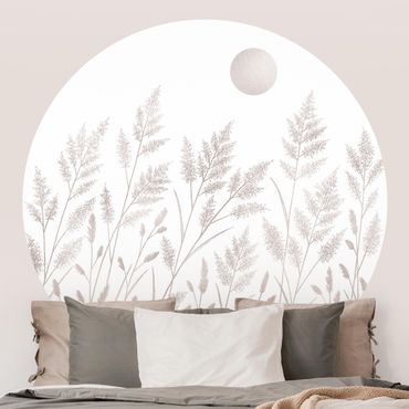 Papier peint rond autocollant - Grasses And Moon In Silver