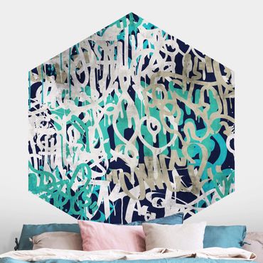 Papier peint panoramique hexagonal autocollant - Graffiti Art Tagged Wall Turquoise