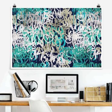 Poster reproduction - Graffiti Art Tagged Wall Turquoise