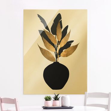 Tableau en verre - Graphical Plant World - Gold And Black - Format portrait