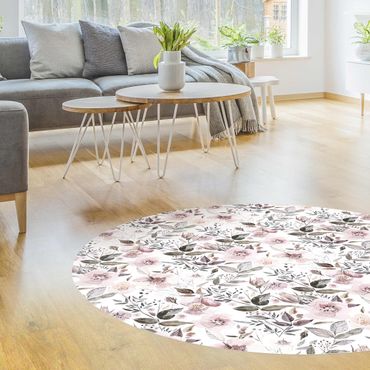 Tapis en vinyle rond|Gray Leaves With Watercolour Flowers