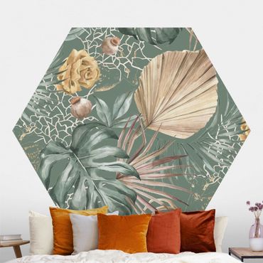 Papier peint hexagonal autocollant avec dessins - Large Leaves With Roses In Front Of Green