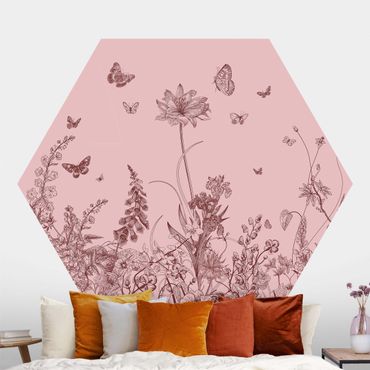 Papier peint hexagonal autocollant avec dessins - Large Flowers With Butterflies On Pink