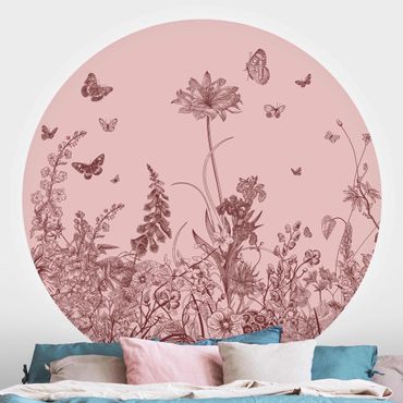 Papier peint rond autocollant - Large Flowers With Butterflies On Pink