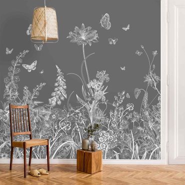 Papier peint - Large Flowers With Butterflies In Grey
