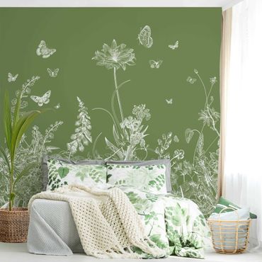 Papier peint - Large Flowers With Butterflies In Green