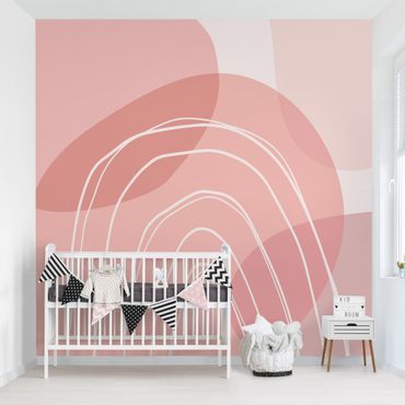 Papier peint - Grandes formes circulaires en arc-en-ciel - rose