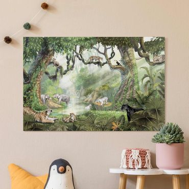 Impression sur toile - Grands félins dans l'oasis de la jungle - Format paysage 3:2