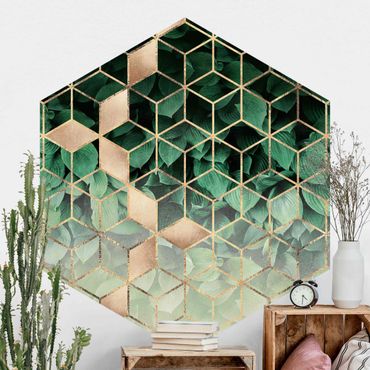 Papier peint hexagonal autocollant avec dessins - Green Leaves Golden Geometry