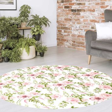 Tapis en vinyle rond|Green Leaves With Pink Flowers In Watercolour