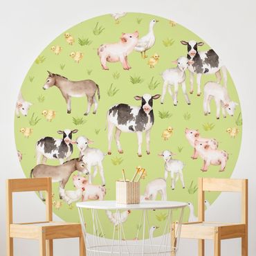 Papier peint rond autocollant enfants - Green Meadow With Cows And Chickens